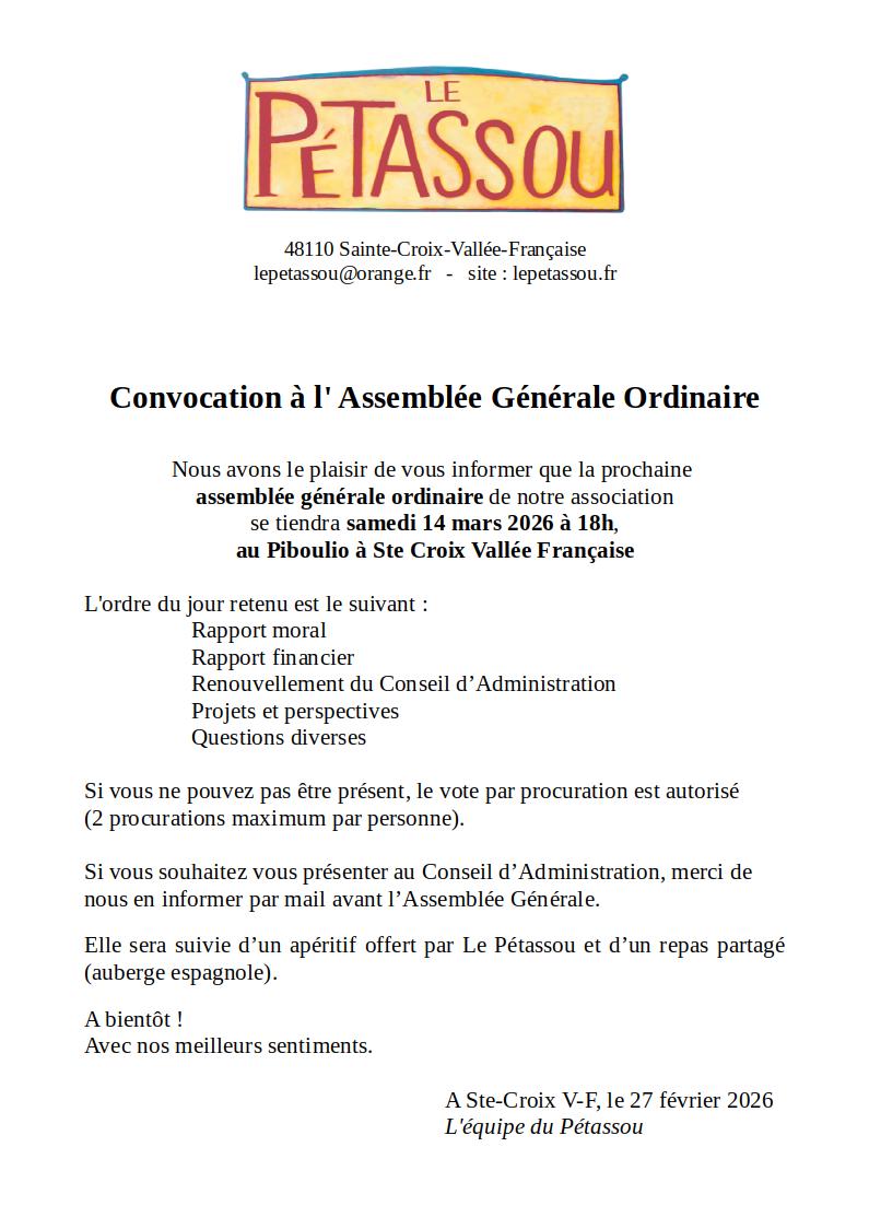 convocation AG du samedi 14 mars 2026 affiche